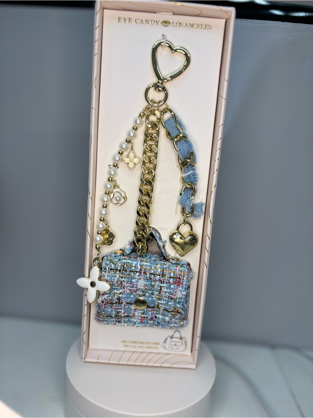 Eye Candy Los Angeles blue tweed mini bag charm